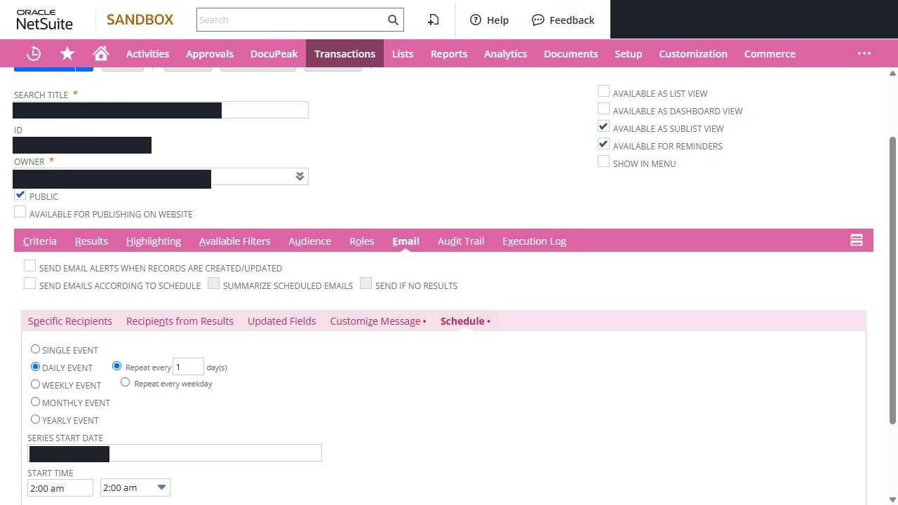 NetSuite saved-search email schedule with Send Emails According to Schedule unchecked; account details censored.