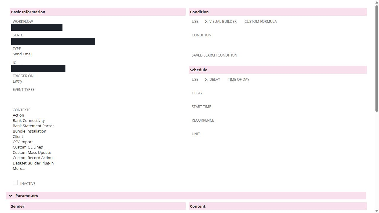 NetSuite Send Email workflow action set to Entry, with no populated reminder schedule; identifiers censored.