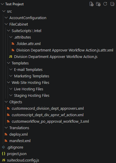 A screenshot of the test project explorer with all the necessary resources imported from NetSuite
