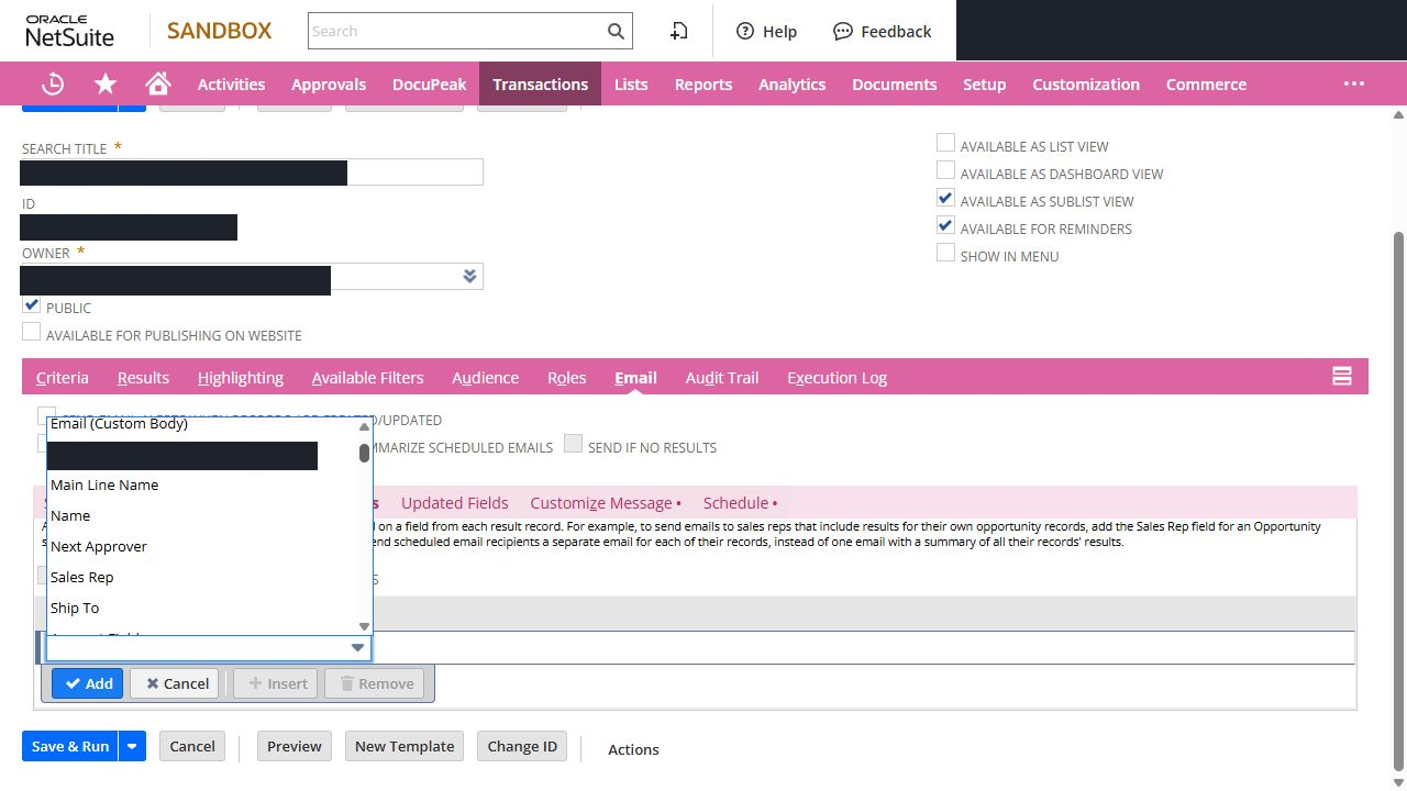 NetSuite saved-search recipient field dropdown showing Next Approver; account details censored.