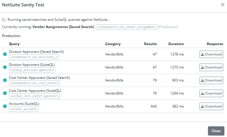 Screenshot of ION's NetSuite Sanity Test