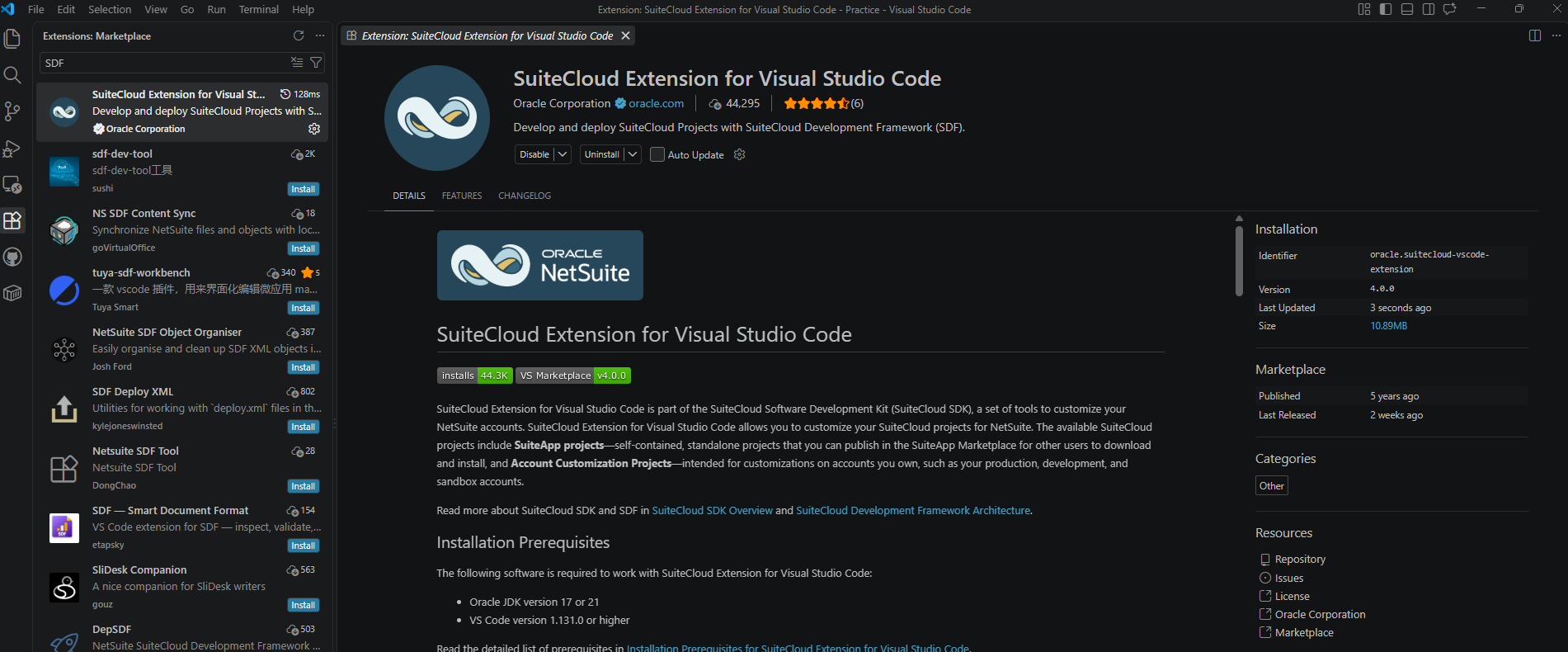 A screenshot of the SuiteCloud VSCode extension page