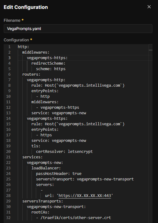 Screenshot of the yaml config modal