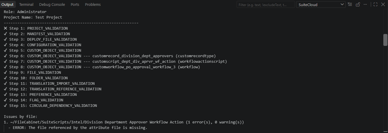 A screenshot of the console output tab for project validation error