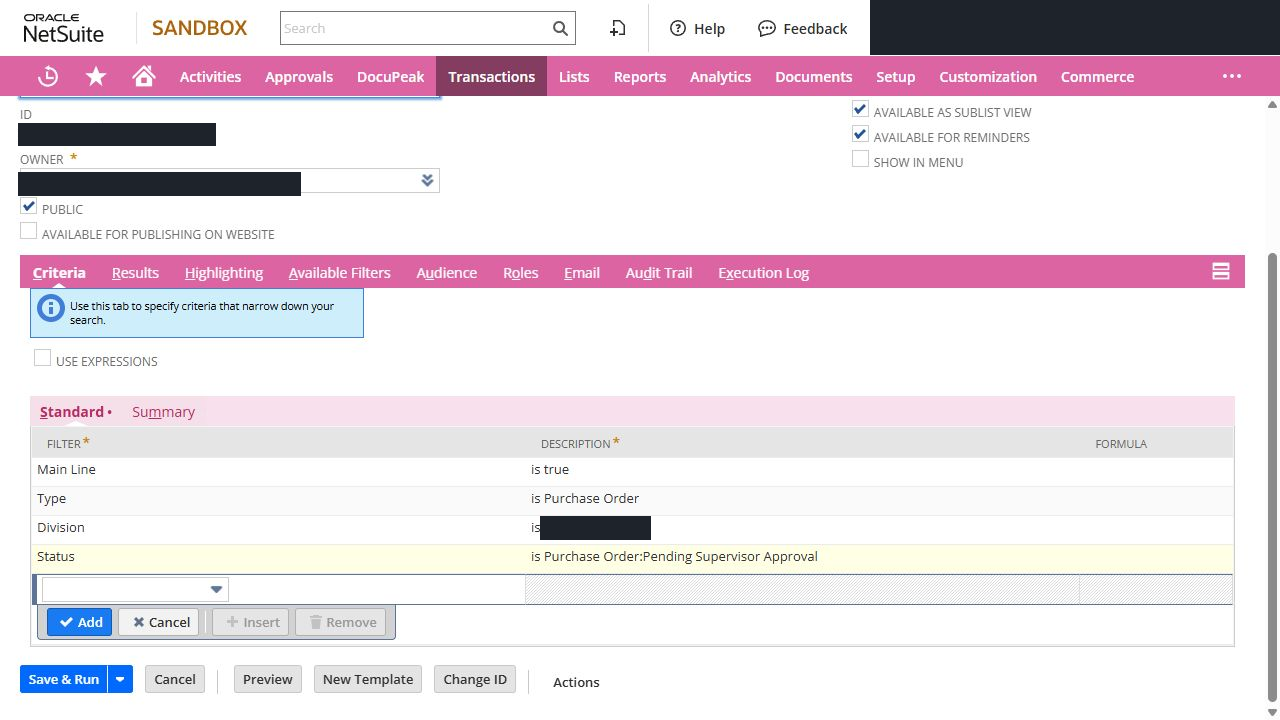 Transaction saved-search criteria for purchase orders pending supervisor approval; account details censored.