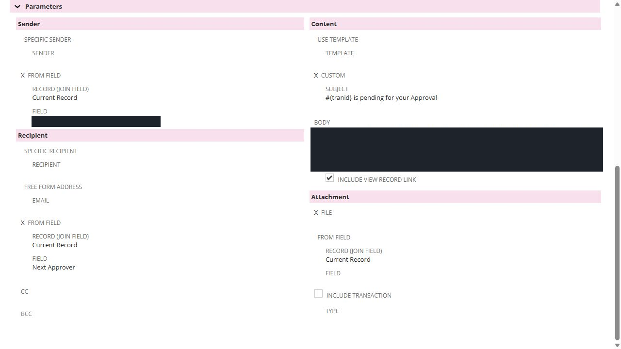 NetSuite workflow email recipient set to Current Record > Next Approver with Include View Record Link checked; custom fields and message censored.