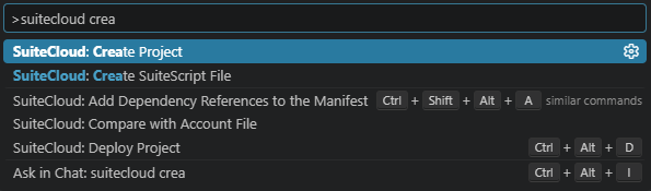 A screenshot of the VS Code command palette with the "SuiteCloud Open Project" command selected